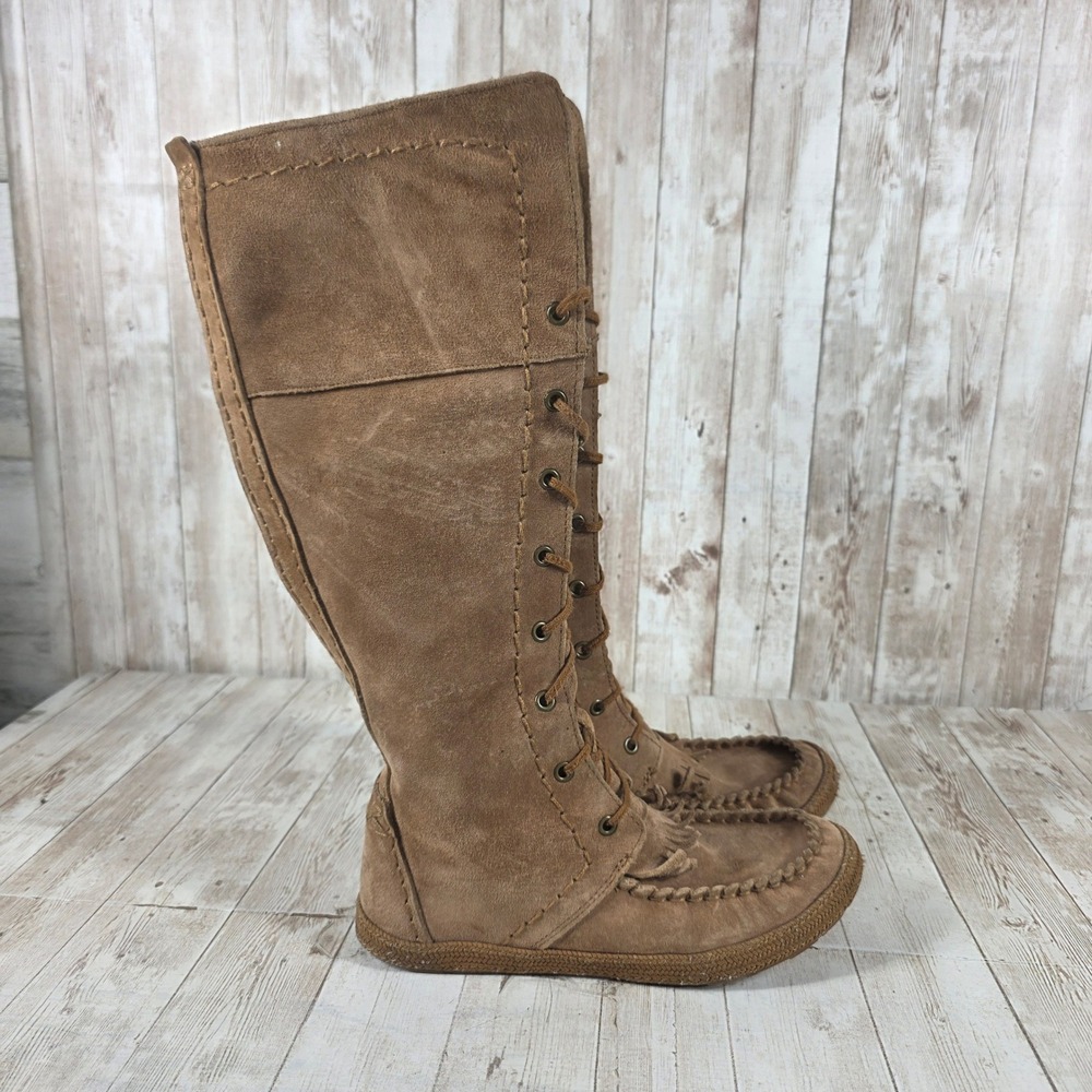 UGG‎ Australia 1003313 Brown Suede Tall Lace Up Moccasin Fringe Boots Womens 5